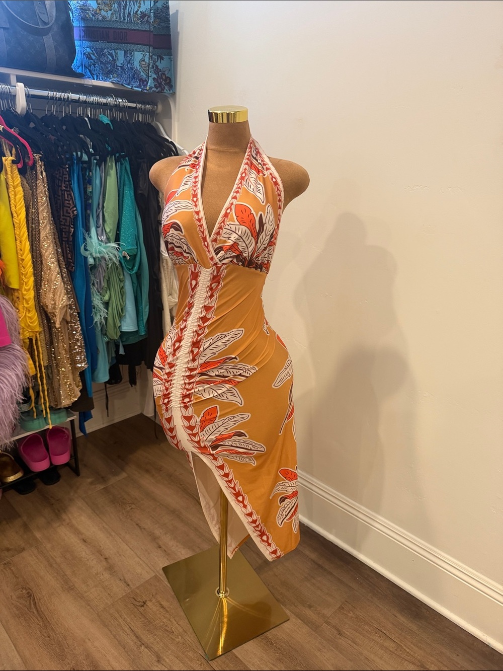 Fashion Nova Mustard Halter Asymmetrical Tropical Print Dress